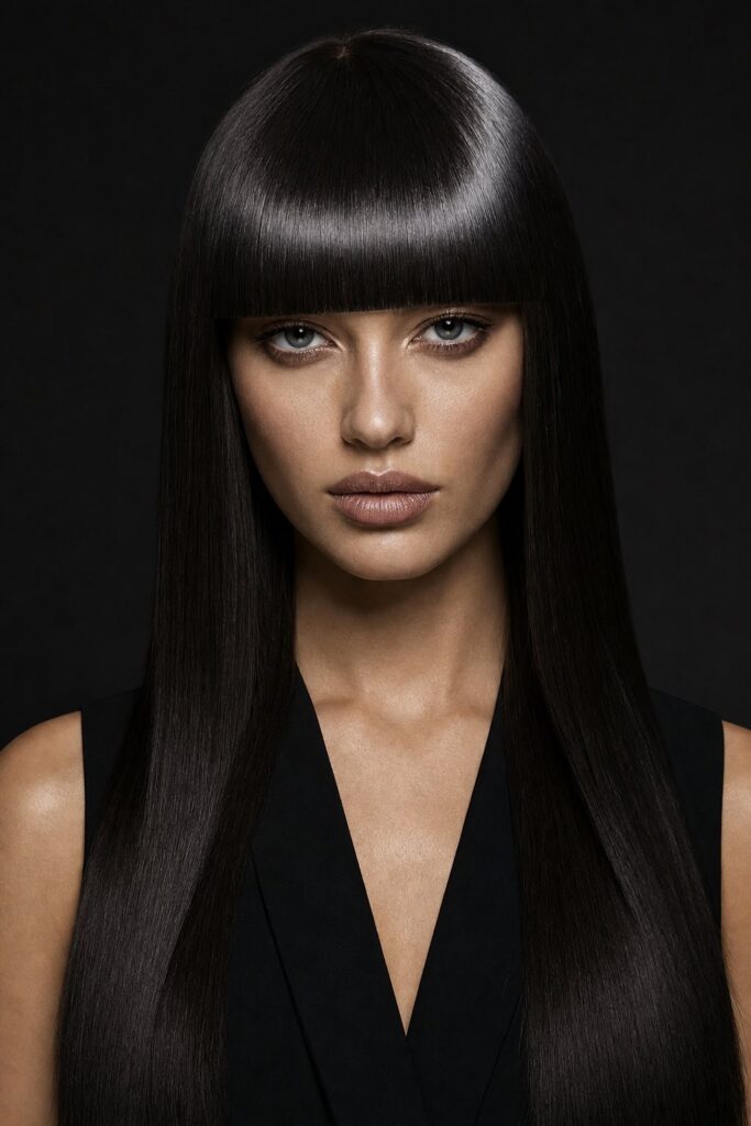 Blunt Cleopatra Bangs on Glass Lengths
